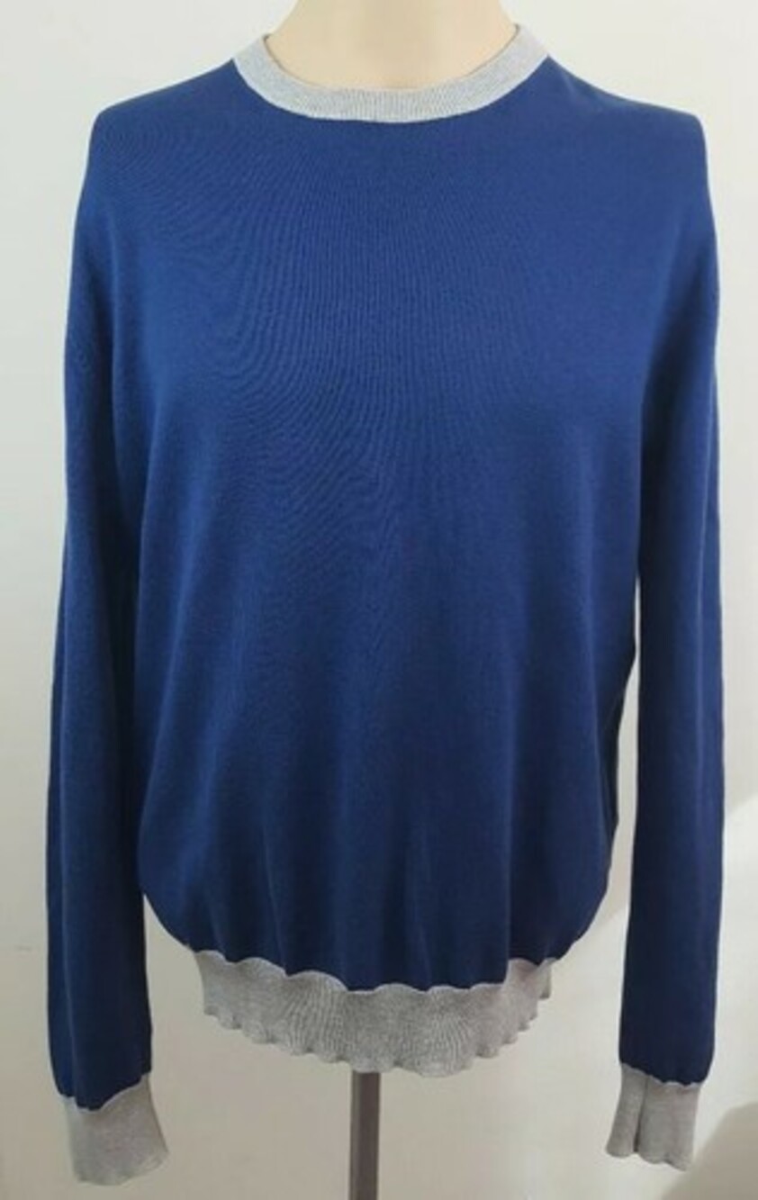 Isaia Napoli Mens Crewneck Blue With Gray Trims Sweater Size Large
